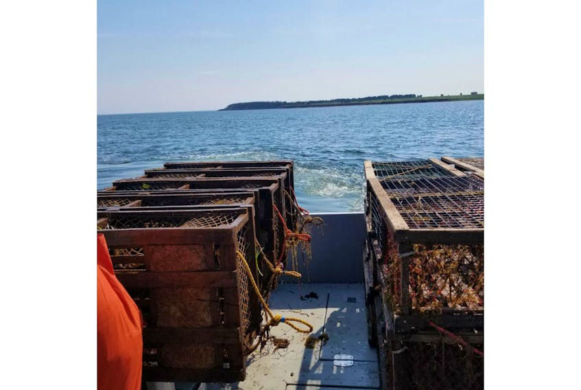 Lobster traps are piled on a Fisheries and Oceans Canada vessel during a joint gear retrieval exercise between Lobster Fishing Area 24 fishers and DFO personnel on July 5. The exercise ended the 'ghost fishing' days of 59 lobster traps and one gill net.
