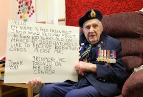 P.E.I. native, Fred Arsenault, who now resides at the Sunnybrook Veterans Centre in Toronto, displaying a poster his son, Ron, prepared. Cards for the Second World War veteran, who turns 100 on March 6, continue to pour in at Ron Arsenault’s Toronto home. 
Ron Arsenault photo