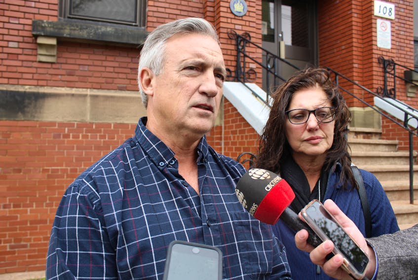 James and Pierrette Sloan speak with reporters outside the Summerside Courthouse Wednesday afternoon. The man who struck and killed Pierrette’s sister with a car in Kildare Capes last year is facing a two-year federal prison sentence.