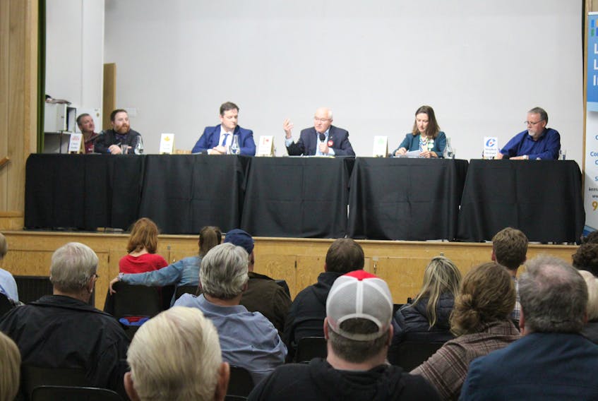 Kensington and Area Chamber of Commerce candidates’ debate forum was held Thursday night. From left was mediator Chris Pride, NDP candidate Craig Nash, Liberal candidate Wayne Easter, Green Candidate Anna Keenan and Conservative candidate Stephen Stewart.