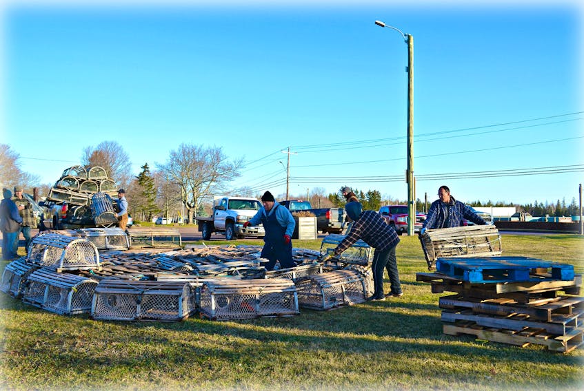 Fishermen from the Tignish area lay the base of the Lobster Trap Tree on Tuesday morning. Ruby Arsenault photo