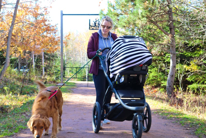 Mary Beth Corcoran, who usually frequents Rotary Friendship Park with her husband, puppy, and newborn, was out for a stroll on Thursday during the nice weather. City of Summerside staff are still working on assessing the damage done to Rotary Park by hurricane Dorian in September. Millicent McKay/Journal Pioneer