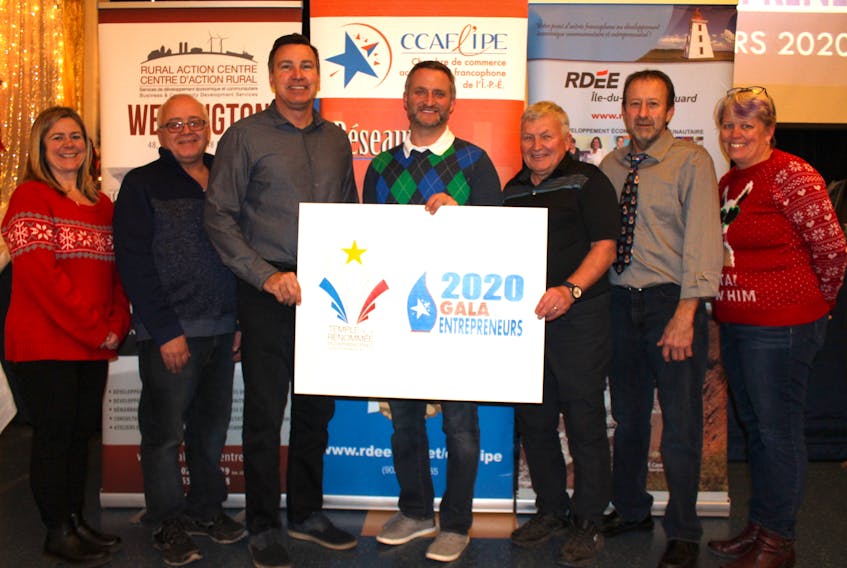 Lisa Arsenault representing the Wellington Co-operative, left; David Perry; Patrick Villeneuve of Mermaid Marine Products; Pierre Gallant, spokesperson for the Acadian and Francophone Chamber of Commerce of P.E.I.; Louis Richard; Mike Gallant representing the Wellington Royal Canadian Legion and Kathleen Couture representing the Association des centres de la petite enfance acadienne et francophone de l'ÎPÉ, attended the Chamber’s Entrepreneurial Awards of Excellence launch Dec. 6.