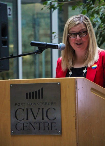 Town of Port Hawkesbury Mayor Brenda Chisholm-Beaton addresses those on-hand Sept. 24 for a funding announcement regarding an off-road connector trail from the Nova Scotia Community College Strait Area Campus to Pitt Street, which is a component of the overall project.