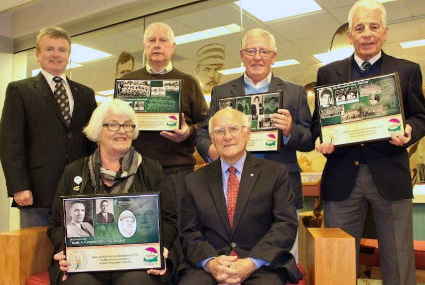 Four new inductees took their place in the P.E.I. Sports Hall of Fame Saturday. Featured is: Terry Shea, CEO of P.E.I. mutual, (back row, left), Gerard Smith, “Tex” MacDonald, Bill Purcell, Harriet Campbell-Meacher (front row, left), and Paul H. Schurman, Chair of the P.E.I. Sports Hall of Fame.