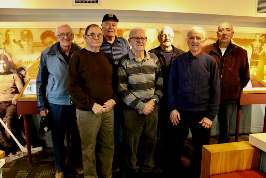 Lloyd Reeves, left, Tommy Noonan, Kenny Hickey, Maynard Simpson, Arnold Driscoll, Ira Strongman and Marvin Jackson have been meeting up to play hockey in Summerside for the last 17 years.