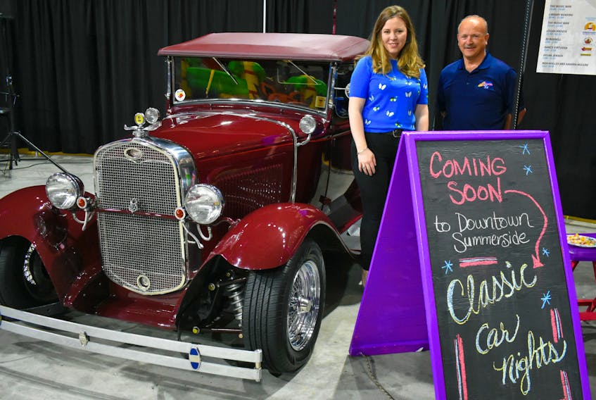 Lydia Potter, left, and Robert Gallnt, both of Downtown Summerside Inc., have big plans this summer to revitalize downtown Summerside. Gallant, pictured with his 1931 Ford Roadster, plans to host a classic car event on the cool summer evenings.