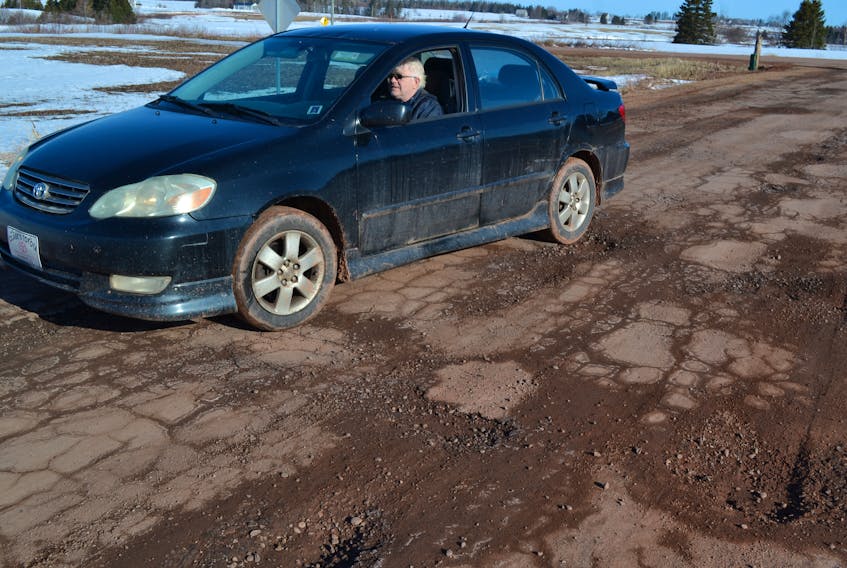 Brae-Derby resident Gerald McNally navigates his car around potholes in the Brae Harbour Road. The road placed seventh on the CAA Atlantic Worst Roads in Atlantic Canada campaign last year and is third in online voting for this year’s campaign.