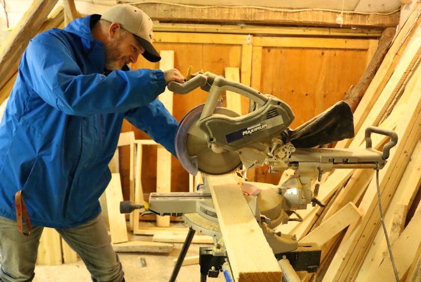 Matt Beamish works in his shop, dubbed: Island Veteran’s Workshop. Woodworking has provided the 35-year-old Afghanistan veteran an outlet when he has symptoms of PTSD and depression.