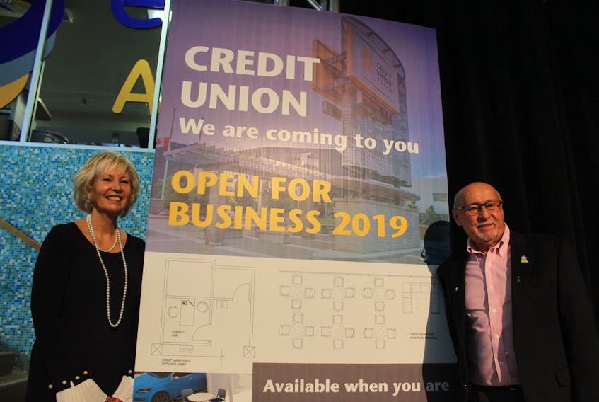Sarah Miller, general manager of Summerside’s Consolidated Credit Union, and Summerside Mayor Bill Martin unveiled new plans, Thursday, for a new office in Credit Union Place.