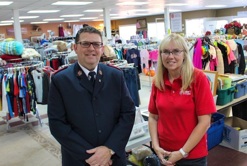 Neil Abbott, left, captain of the Summerside Salvation Army Corps, and Anna MacDonald, manager of the Salvation Army Thrift Store, recently joined forces to renovate and add new additions to the store. Millicent McKay/Journal Pioneer