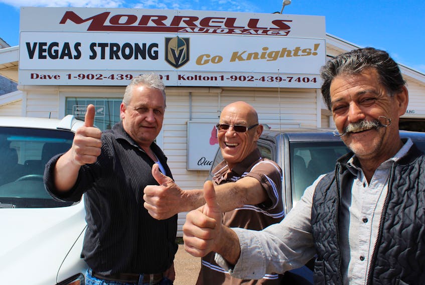 Summerside area businesses are getting into the Stanley Cup finals swing of things to help cheer on Summerside native Gerard (Turk) Gallant, head coach of the Vegas Golden Knights, as he and his assistant coach, Mike Kelly, who grew up in Shamrock, near Kinkora, take on the Washington Capitals for the Stanley Cup. Giving their thumbs up Monday were, from left, Dave Morrell, Reggie Blanchard and Merlin Cormier.