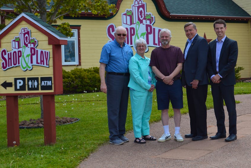 Don Maxfield and Jeannette Arsenault, left, have sold Borden-Carleton-based Shop & Play to a Nova Scotia businessman represented by Tim Oulton, centre. The deal was facilitated by Confederation M&A represented by Wayne Carew and Jeff MacKenzie.