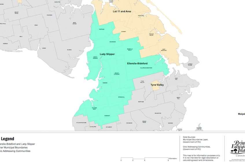 Boundaries of the new Rural Municipality of Central Prince include Harmony, Victoria West, Springhill, Enmore, Portage North Enmore, Mount Pleasant, Inverness, McNeills Mills and Ellerslie-Bideford. –Island Regulatory and Appeals Commission.