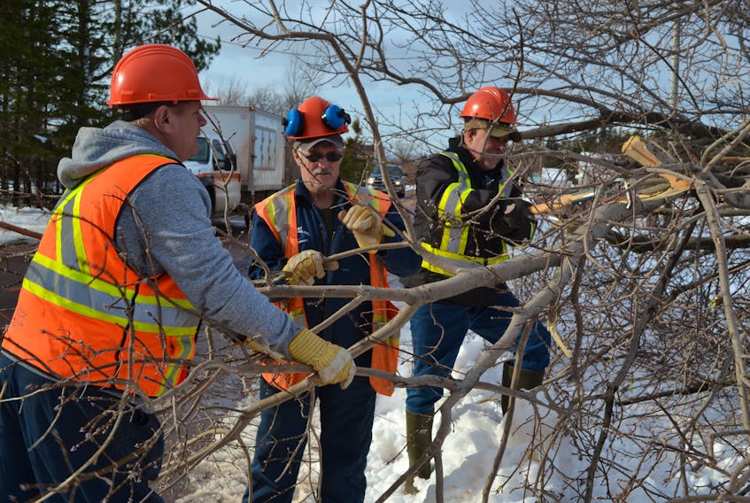 Government sign crew members, from left, Danny Bulger, Dean Hustler and Lyman Arsenault, tear into a downed tree along the O’Halloran Road in Campbellton Friday afternoon. A stretched power line was entangled in the fallen branches. With so much damage remaining from last week’s storm, the crew was reassigned to help with the cleanup.