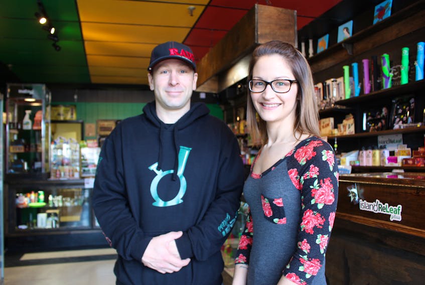 Tommy Biggar, left, and Megan Patey, business partners and co-owners of Island ReLeaf Glass are looking forward to marking one year in business and continuing to see the stigma surrounding medical and recreational marijuana dissipate.