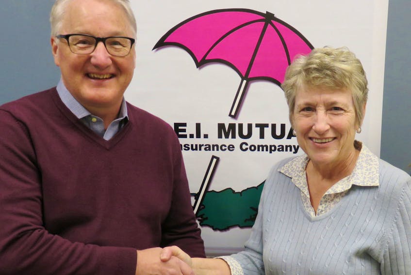 Blair Campbell, CEO of the P.E.I. Mutual Insurance Company of Summerside, presents a sponsorship check to Provincial Youth Talent co-ordinator, Jean Tingley. As platinum sponsor of the P.E.I. Association of Exhibitions for the past 19 years, P.E.I. Mutual Insurance has donated a total of $302,000 to support the Youth Talent program and other projects at the various fairs, festivals and exhibitions held each summer on the Island.
