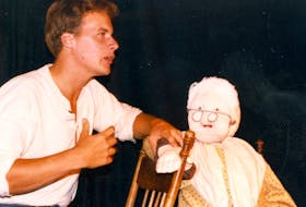 Daniel Bourgeois and Mémé (Ella Arsenault) in 1985 playing in the first dinner theatre “La Cuisine à Mémé” at the Étoile de Mer Restaurant in Mont-Carmel. Submitted by the Acadian Museum