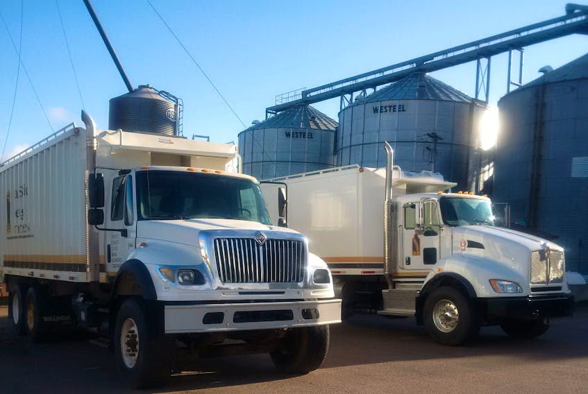 Trucks wait to unload at the P.E.I. Grain Elevator Corporation’s facility near Kensington.