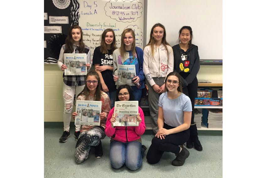 Students from Summerside Intermediate School took part in the Journalism Club during January and February. Back row from left: Paige Walfield, Molly MacInnis, Carrie Paugh, Payton MacCallum and May Arsenault. Front row from left: Samantha Coughlin, Jade Bushelle and Journal Pioneer reporter Millicent McKay