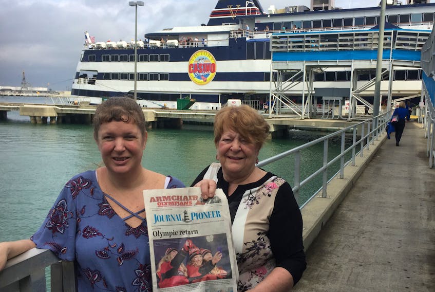 Summerside resident Rena Gaudet, right, is with her daughter Nola, who now resides in Lincoln, N.B., (near Fredericton). They were reading a copy of the Journal Pioneer before boarding the Victory 1 Casino Ship in Port Canaveral, Florida. “No luck on the ship during the day-long cruise,” said Rena, “but great entertainment and a bountiful buffet made for a fun day.”