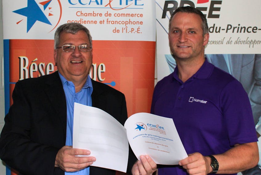 Pierre Gallant, right, spokesperson for the Acadian and Francophone Chamber of Commerce of P.E.I., and coordinator Raymond J. Arsenault officially launched the Chamber’s 2018 entrepreneurial awards competition Oct. 16 in Summerside. The deadline for submitting nominations is Nov. 16.