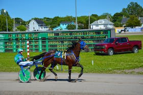 Myles Heffernan warms up Bugsy Maguire for a Governor’s Plate elimination race at Red Shores at Summerside Raceway on Sunday afternoon. Bugsy Maguire, a five-year-old bay gelding, is owned by Walter Simmons of Summerside and trained by Wade Sorrie.