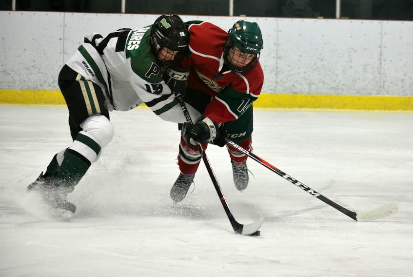 The Charlottetown Pride’s Jacob Squires, left, and Jack Campbell of the Kensington Wild battle for the puck during a New Brunswick/P.E.I. Major Midget Hockey League game in Kensington on Feb. 9. The two teams will open the best-of-seven provincial championship series in Kensington on Saturday at 7:30 p.m.