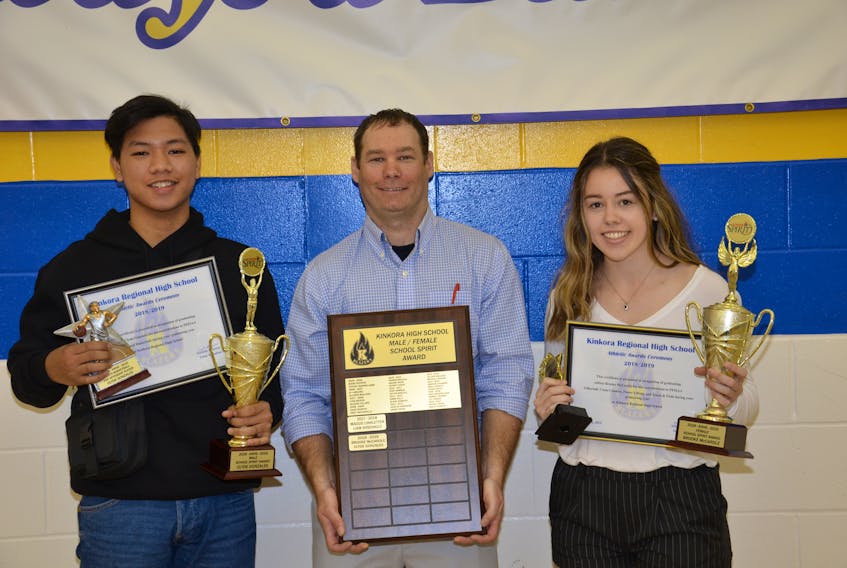 Kinkora Regional High School Athletic director Trent Ranahan, centre, presents the School Spirit Awards to Clyde Gonzales and Brooke McCardle. The presentations took part during the Blazer Awards Blitz on Thursday.