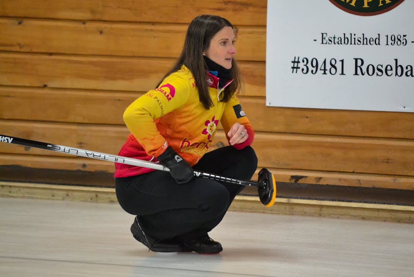 Suzanne Birt follows a shot during the Scotties provincial women’s curling championship in Alberton in January.