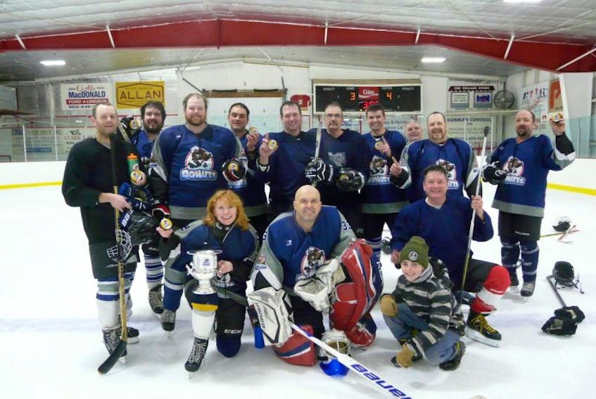 The Healthy Scratches recently won the fourth annual Donuts Cup tournament at the Bedeque Area Recreation Centre. Members of the Healthy Scratches are, front row, from left: Cora-Lee Dunbar, Rob Squires, Griffin Lecky and Randy Clow. Back row: Joey DesRoches, Kyle MacLeod, Danny White, Marc Schurman, Chris McKone, Noel MacFarlane, Brad MacDonald, Jack MacLellan, Marvin Reeves and Neil Ellsworth.