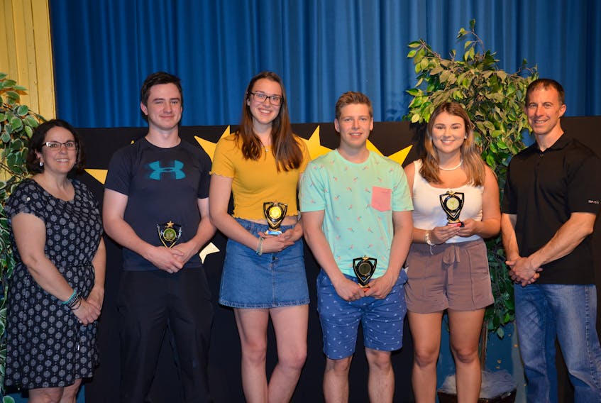Evangeline School held its annual awards ceremony on Thursday afternoon. From left: Paulette LeBlanc, principal; Christian Gallant, senior male student of the year; Katelyn Milligan, senior female student of the year; Chad Arsenault, senior male athlete of the year; Stephanie Arsenault, senior female athlete of the year, and Jason Arsenault, athletic director.
