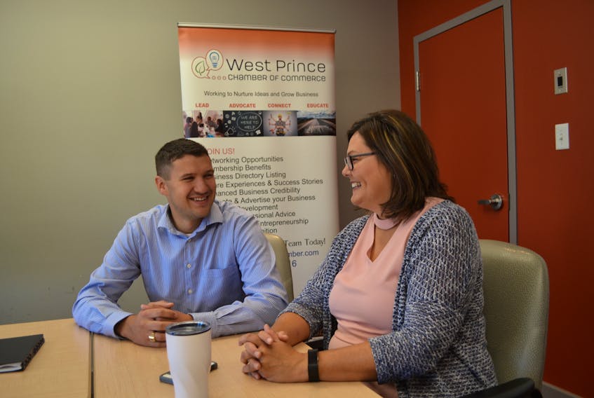 Brad Arsenault, Junior Business Development Officer with Innovation P.E.I. gives a brief overview to Tammy Rix, executive director of West Prince Chamber of Commerce, of the presentation he will be giving during the Chamber’s first breakfast mixer. The monthly mixers will be held at the Mill River Resort, beginning September 19 from 8 to 9:30 a.m.