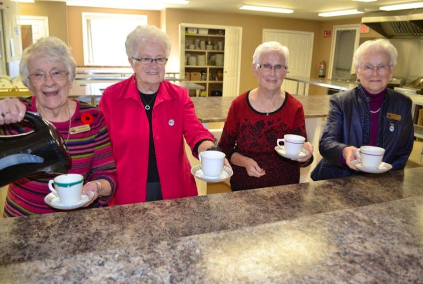 Stewart Memorial Health Care Auxiliary members and longtime volunteers, from left, Vivian Phillips, Blanche Maynard, Joyce MacLennan and Ruth MacLennan are eager to welcome patrons to their 50th anniversary Christmas Tea. It will be held at the Tyne Valley Fire Hall on November 16.