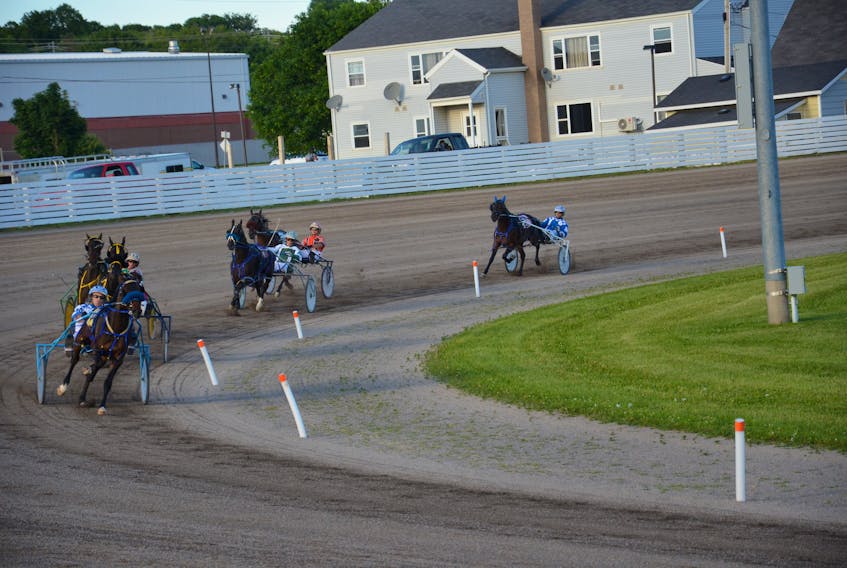 The Adam Merner-driven Windemere Ryan leads the field around the turn for home during a B Division of the Atlantic Sires Stakes for two-year-old colts at Red Shores at Summerside Raceway on Thursday night. Windemere Ryan won the $2,500 event in 2:02.2.