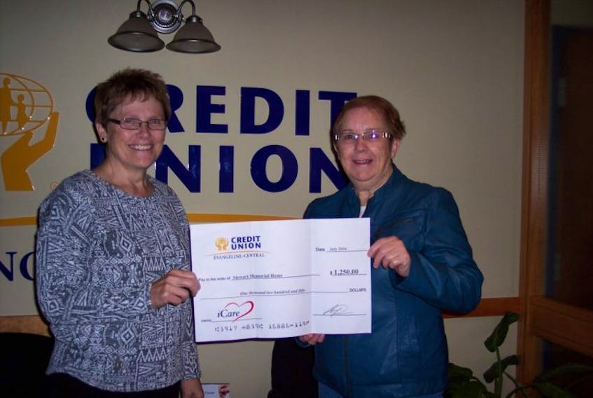 Sandra Palmer, left, Financial Services Officer at Évangéline-Central Credit Union, Tyne Valley Branch, presents Wanda Barlow with a $1,250 donation for the Stewart Memorial Home.