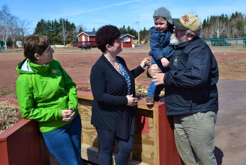 Kim Beaton, from left, and Connie Bernard, members of the Alberton Skate Park committee chat with Albeton mayor Michael Murphy and his grandson Kaden DesRoches, about a skate park that will be developed in town this year. A grant from the Canada 150 Community Infrastructure Program (CIP 150) was the final piece of the puzzle to make the project happen and it was delivered Wednesday by Egmont MP Bobby Morrissey.