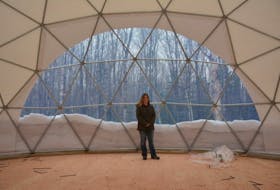 Sheila Arsenault, owner and soon-to-be operator of Treetop Haven in Mount Tryon, stands inside one of the geodesic domes she is building to house visitors this summer.