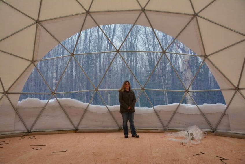 Sheila Arsenault, owner and soon-to-be operator of Treetop Haven in Mount Tryon, stands inside one of the geodesic domes she is building to house visitors this summer.