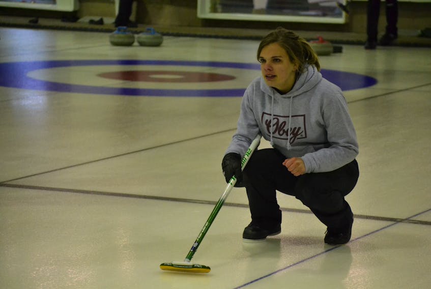 Skip Annika Kelly keeping tabs on her stone and her sweepers during Pepsi Junior Women’s play in O’Leary.  Kelly (3-2) won 8-5 over Emily Sanderson Friday morning to stay in contention. She faces defending champion Lauren Lenentine (5-0) this afternoon.