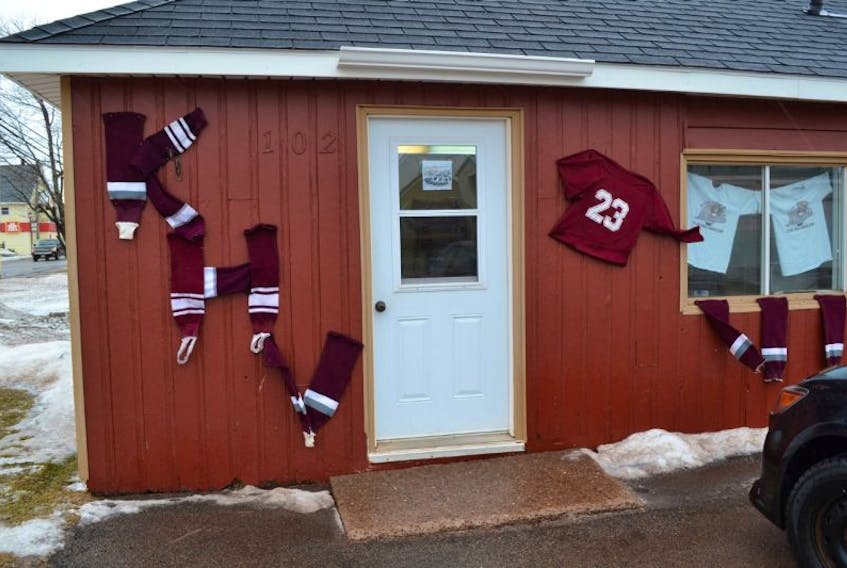 Maroons hockey socks spell out the first part of the Kraft Hockeyville, khv2017.ca web address as part of an O’Leary Hockeyville display at the Hickey-Hyndman building in O’Leary.