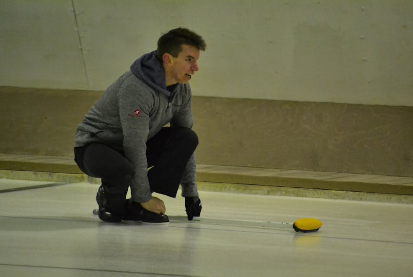 Alex MacFadyen watches his stone after turning it over to sweepers. MacFadyen and his Silver Fox rink from Summerside scored a 7-3 win over Cornwall’s Mitchell Schut in the A section final of the modified triple-knockout Pepsi P.E.I. junior curling championships in O’Leary on Thursday morning.