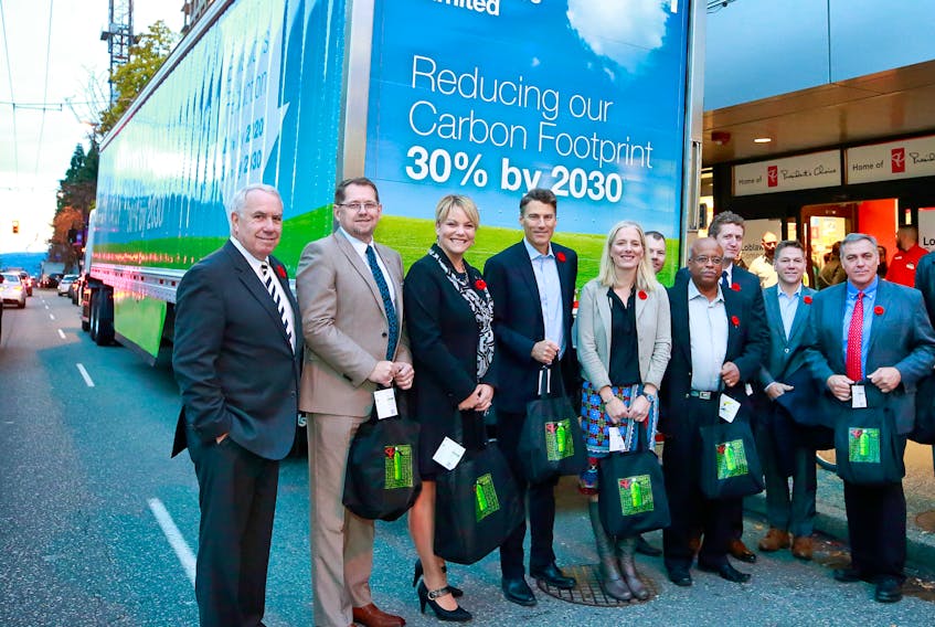Bob Chant, Loblaw’s senior vice president and corporate affairs, from left, Colin Holloway, Newfoundland and Labrador’s parliamentary secretary for Environment; Isabelle Melançon, Quebec Environment minister; Gregor Robertson, Mayor of Vancouver; Catherine McKenna, federal Environment minister; Dustin Duncan, Saskatchewan Environment minister; Brian Springer, vice-president of Loblaw; Ian Rankin, Nova Scotia Environment minister; Ted Dowling, regional vice-president, BYD; Robert Mitchell, P.E.I. Environment minister.