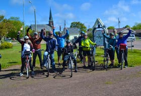 Natasha McCarthy, front row from left, Paul Bernard and Dan Steele, three Islanders with Parkinson’s Disease, are accompanied by Roberta MacQueen, Gaylene Nicholson, Loretta Dixon-Steele and, back row form left, Shawn Alexander, Blair Steele and Karen Vincent on the first leg of their P.E.I. Pedalling Parkies bike ride. Accompanying the cyclists is their driver, Dennis Dunn. The cyclists set out from Tignish Tuesday morning on the first leg of a Confederation Trail ride. They expect to arrive at the other end of the trail, in Elmira, on Saturday.