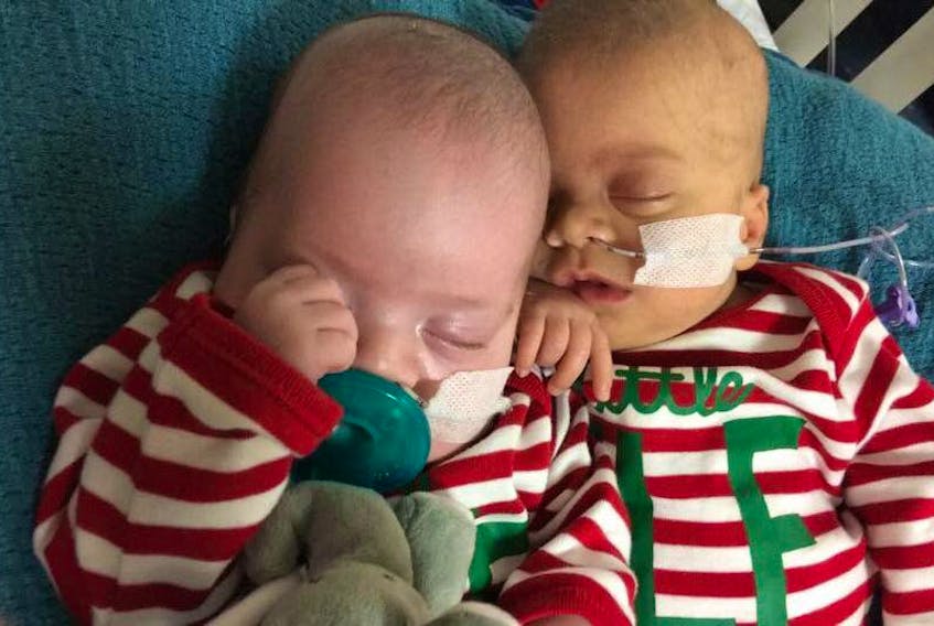 Twins Brennan, left, and Liam have been receiving extensive medical care in Halifax since their early arrival on August 27. A benefit night in support of the entire family is sent for Sunday at Tignish Parish Centre.