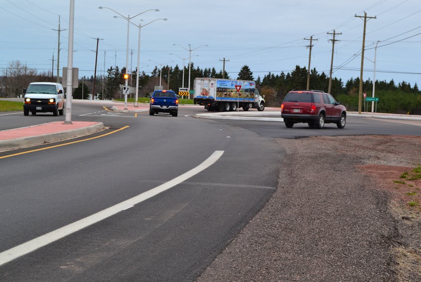 An Alberton Town councillor believes the break in the highway marking at the western approach to the Bloomfield Corner roundabout makes the roundabout dangerous, especially for motorists unfamiliar with the area.