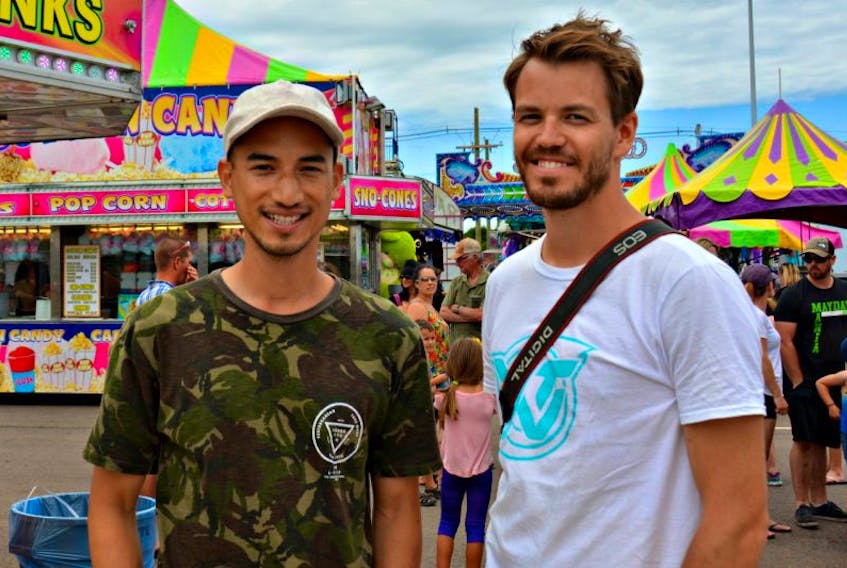 Carlos Bustamante (left) and Drew Dafoe from YTV’s The Zone stopped in Summerside to soak in the Lobster Carnival celebrations.