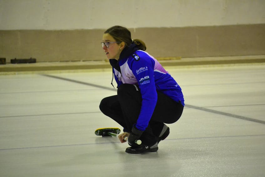 Lauren Lenentine, shown, can repeat as P.E.I. Junior Women’s curling champion  with a win tonight or tomorrow, She faces the Lauren Ferguson rink in the Pepsi P.E.I. Junior Women’s “C” event final tonight at 6:30 p.m. It’s an important game for both skips Ferguson needs a win to remain in contention.