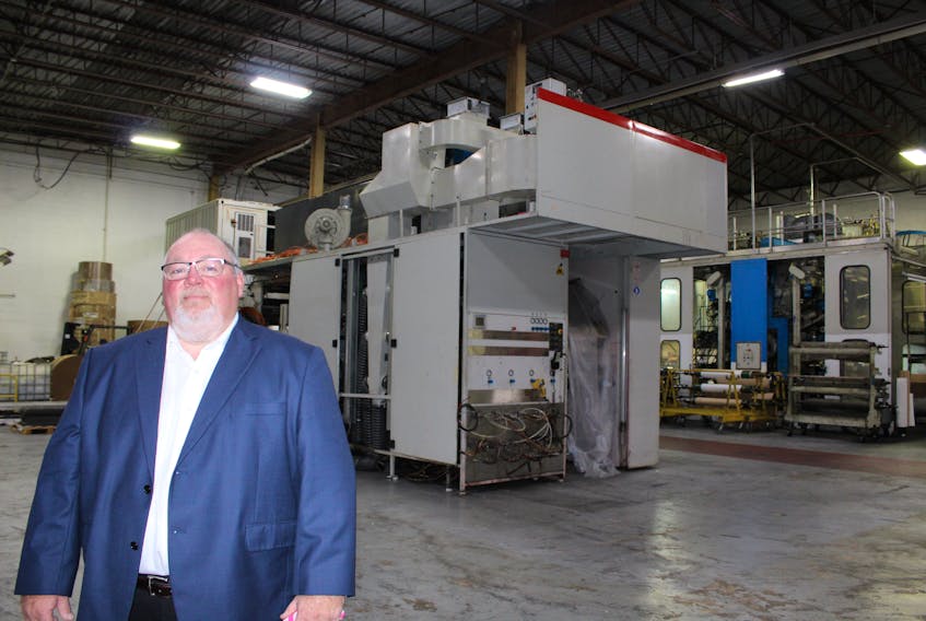 Thane Smallwood, general manager of The P.E.I. Bag Company in Bedeque, in front of the company’s new printing press. The machine is currently being built and will be online by the fall. The company received a little more than $1.4 million in public funds to help buy and install it.
