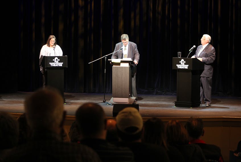 Summerside’s candidates for mayor squared off in a debate Monday evening at the Harbourfront Theatre. The candidates are, from left, Nancy Beth Guptill, Brent Gallant and Basil Stewart.